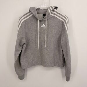 Adidas Top Womens Gray 3-Stripe Cropped Hoodie Sweatshirt Activewear Small